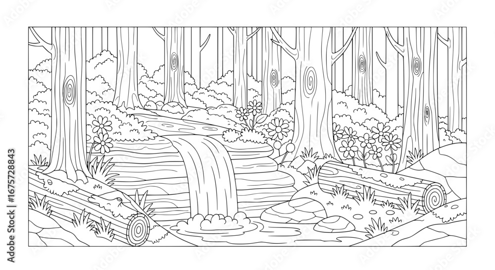 Poster seamless pattern of forest trees and river with transparent background