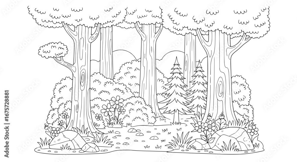 Poster forest with trees and plants with transparent background
