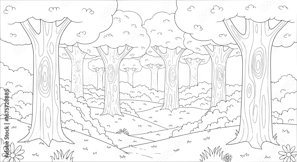 Poster forest with tall trees and pathway with transparent background