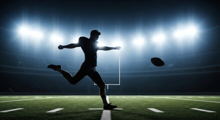 American football kicker silhouette in a stadium spotlight, action shot