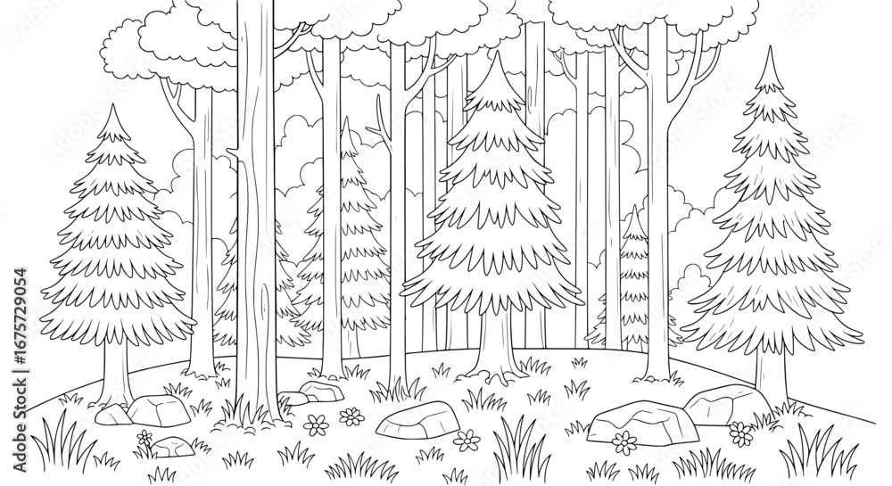 Poster forest with tall trees and rocks with transparent background
