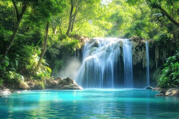 Fototapeta premium Serene waterfall cascading into a clear turquoise pool surrounded by lush green tropical forest under sunlight