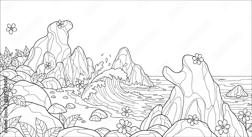 Poster coastal landscape with waves and rocky cliffs with transparent background