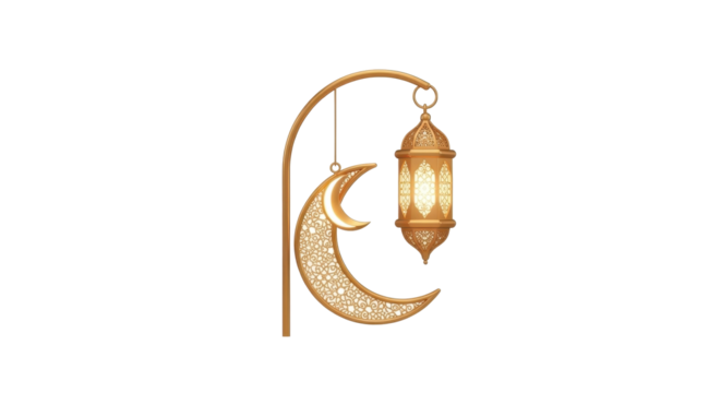 An elegant illustration of a glowing Ramadan lantern and a decorative crescent moon on a white background.
