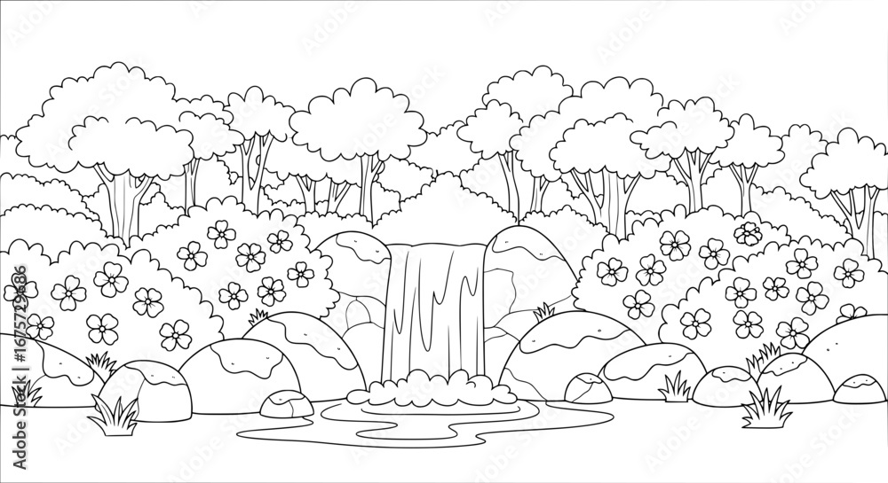 Poster waterfall with trees and flowers with transparent background