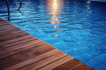Clear blue swimming pool water with golden sunlight reflection near wooden pool deck and metal ladder