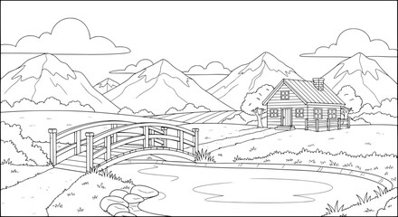 Mountain landscape with wooden house and bridge with transparent background