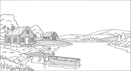 Obraz premium Landscape with houses, trees, and river with transparent background