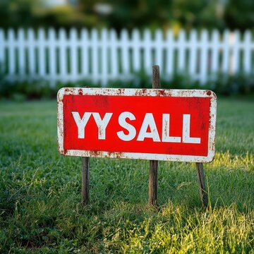 rusty red yard sign with white letters yy sall standing on grass in front of white picket fence on sunny day