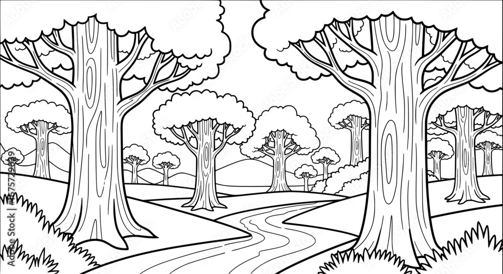 Poster scenic forest landscape with trees and winding path with transparent background