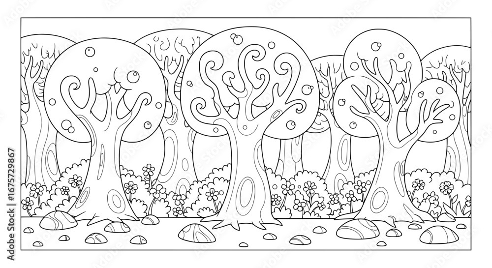Poster stylized trees in a forest scene with transparent background