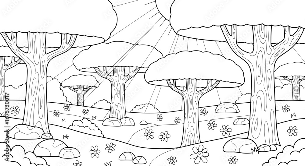 Poster scenic forest with trees and flowers with transparent background