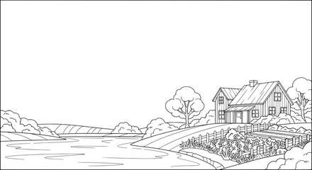 Obraz premium Rural landscape with house trees and garden with transparent background