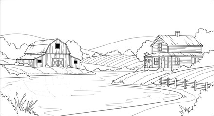 Obraz premium Rural landscape with barns and farm fields with transparent background