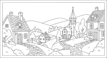 Obraz premium Line art landscape with hills and houses with transparent background