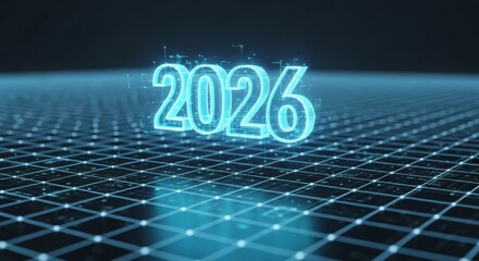Future forward glowing 2026 numbers digitally illuminate network grid background