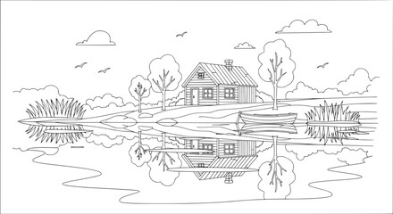Scenic lakeside cabin with trees and boat with transparent background