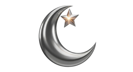 Obraz premium Metallic crescent moon with a star, symbolizing Islam, isolated on a white background.