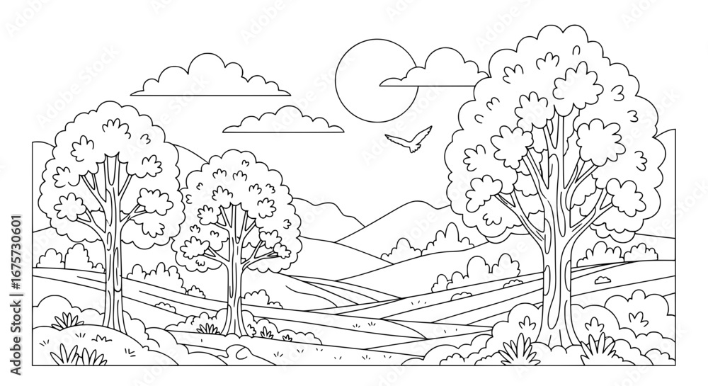 Poster landscape scene with trees and mountains with transparent background