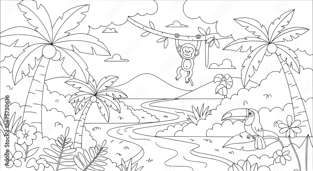 Poster tropical jungle scene with palm trees and monkey with transparent background