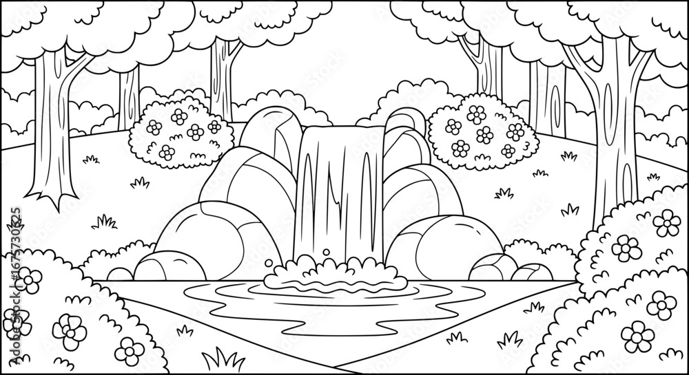 Poster waterfall with flowers and trees on a landscape background with transparent background