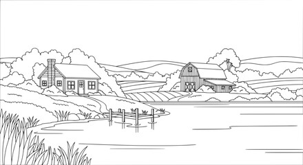 Fototapeta premium Rural landscape with houses, trees, and fields with transparent background