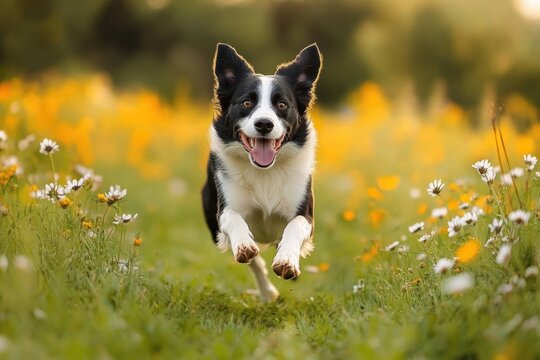 happy black and white dog running through a flower field with green grass and yellow blossoms in warm sunlight