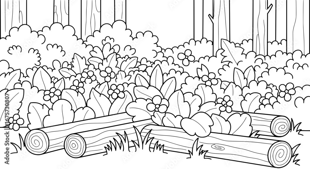 Poster forest scene with logs and foliage with transparent background