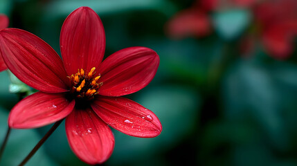 Fototapeta premium Elegant Red Flower with Dewdrops Shining Underneath Soft Lighting with Dark Background Highlighting Botanical Beauty