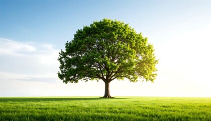 Lush green tree in a vibrant field under a clear sky