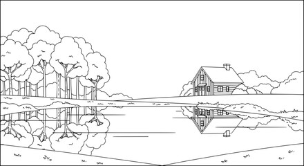 Obraz premium House by lake with transparent background