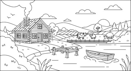 Scenic riverside cabin with transparent background