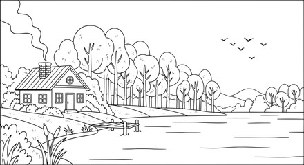 Obraz premium Quiet lakeside cabin with trees and mountains in background with transparent background