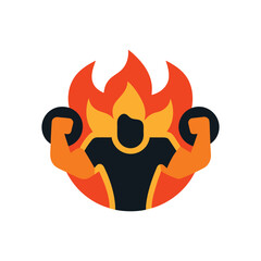 29 A modern vector illustration of a strong fitness man lifting dumbbells with flames in the background. Perfect for gym logos, bodybuilding symbols, workout icons, sports branding, fitness apps,