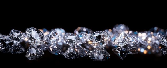 Close-up view of multiple sparkling clear diamonds scattered on a reflective black surface with bright highlights and intricate facets creating a luxurious and elegant atmosphere
