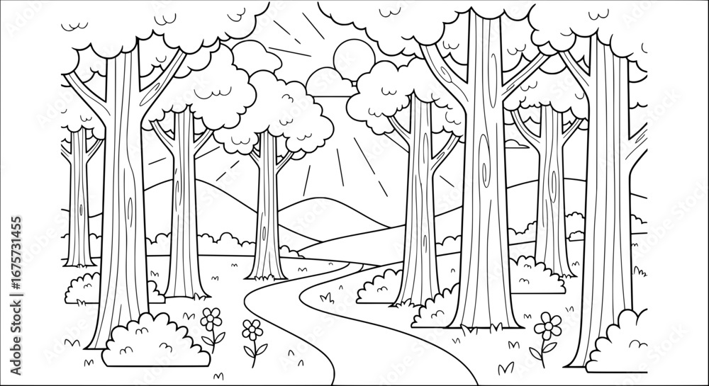 Poster forest scene with tall trees and winding path with transparent background