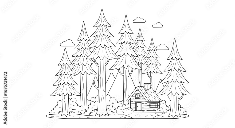 Poster line art of pine trees with a cabin and clouds with transparent background