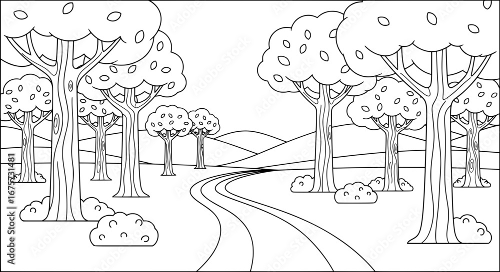 Poster scenic forest with trees and winding path with transparent background