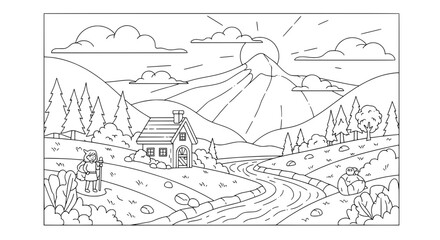Fototapeta premium Scenic mountain landscape with house and hikers with transparent background