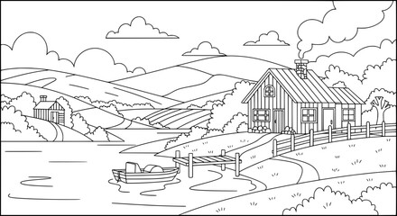 Landscape with houses and river with transparent background