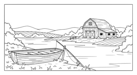 Fototapeta premium Scenic landscape with boat and barn in rural setting