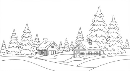 Naklejka premium Scenic mountain landscape with pine trees and cabins with transparent background