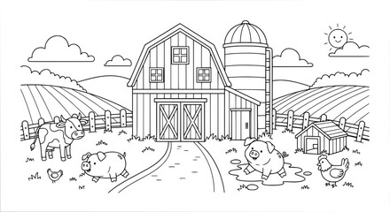 Obraz premium Farm with barn chickens and cows with transparent background