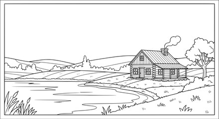 Rural landscape with house and trees with transparent background