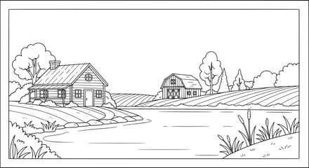 Landscape with houses and lake with transparent background