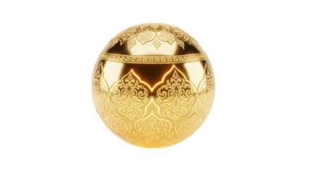 Ornate golden sphere with intricate filigree patterns and reflective surface, isolated on a clean white background.