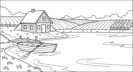 Fototapeta premium Rustic cabin and boat on river with transparent background