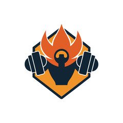 31 Creative vector illustration of a fitness emblem featuring dumbbells, flames, and a strong body silhouette. Ideal for gym logos, bodybuilding clubs, workout branding, sports team mascots, and healt