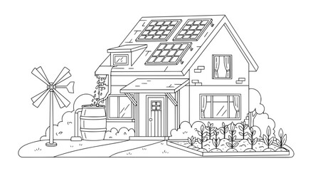 Fototapeta premium House with solar panels and garden with transparent background