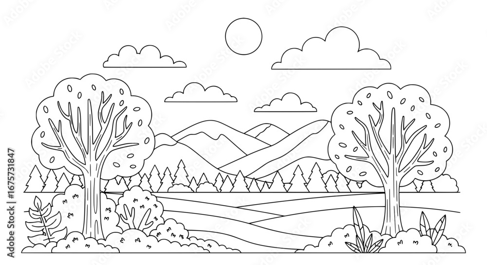 Poster scenic mountain landscape with trees and clouds with transparent background